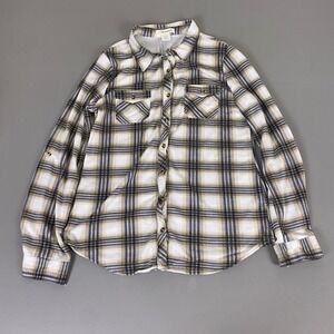 Passport Flannel Shirt Women's Large Plaid Button Down Large White Navy Tan